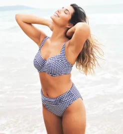 Panache Blue and White Gingham Ruched High-Waisted Midi Brief Swim Bottom -Her Room US panache pana01 sw1729 cs3