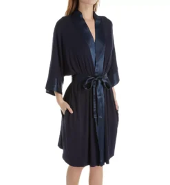 PJ Harlow Shala Soft Ribbed Knit Robe with Silk Satin Trim – Lightweight Three-Quarter Sleeve Lounge Wrap