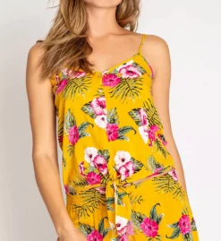 Pj Salvage Tahitian Tropics Floral Button Front Camisole – Adjustable Tie-Hem Sleep Top