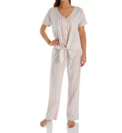 PJ Salvage Washed Ashore Blue Striped Gold Accent Button Front Tie-Front Sleep Top -Her Room US pj salvage pjsa01 rowat1 cs2