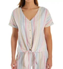 PJ Salvage Washed Ashore Blue Striped Gold Accent Button Front Tie-Front Sleep Top -Her Room US pj salvage pjsa01 rowat1 fs