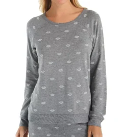 PJ Salvage Heather Grey with Red Velvet Lips – Cozy Fleece Long Sleeve Lounge Top -Her Room US pj salvage pjsa01 rramls fs