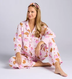 PJ Salvage Pink Striped Brunch Club Flannel Pajama Set with Matching Headband