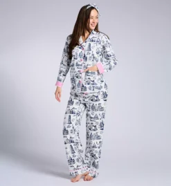 PJ Salvage Bon Voyage Pink Piped Flannel – 3-Piece Long Sleeve Button-Down Pajama Set -Her Room US pj salvage pjsa01 ruflpjc cs1