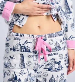 PJ Salvage Bon Voyage Pink Piped Flannel – 3-Piece Long Sleeve Button-Down Pajama Set -Her Room US pj salvage pjsa01 ruflpjc cs3