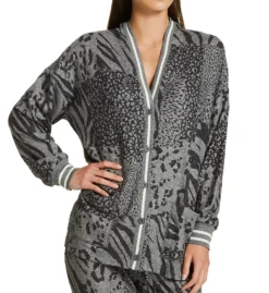 PJ Salvage Patch Perfect Peachy Cardigan – Heathered Charcoal with Striped Accents