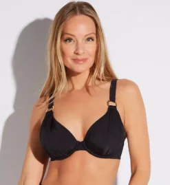 Pour Moi Samoa Black Glossy Ruched Underwire Plunge Swim Top with Gold O-Rings -Her Room US pour moi pmoi01 20912 fs