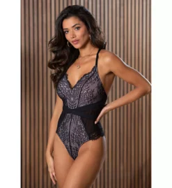 Pour Moi Dark Romance Black Lace Bodysuit – Sheer Floral V-Neck Strappy Lingerie -Her Room US pour moi pmoi01 21709 cs1