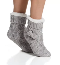 Pour Moi Gold Shimmer Cable Knit Slipper Sock – Sherpa Lined with Pom-Pom Bow