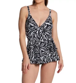 Profile by Gottex Black Swan Abstract Print V-Neck Skirted One Piece Swim Dress