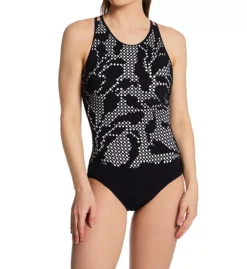 Profile by Gottex Mashrabiya Black Geo-Floral Laser Cut High Neck One Piece Swimsuit