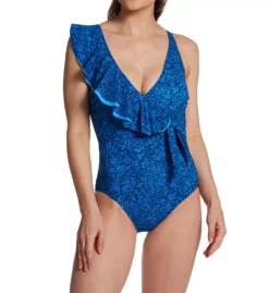 Profile by Gottex Mehndi Teal Floral V-Neck One Piece Swimsuit – Ruffled Shoulder & Tummy Control
