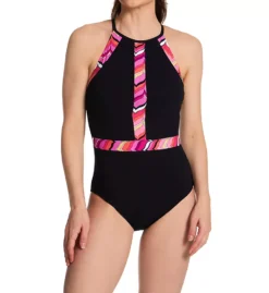 Profile by Gottex Palm Springs Black with Chevron Accents – High Neck Slimming One Piece Swimsuit