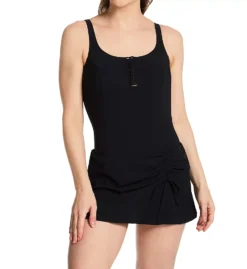 Profile by Gottex Navy Blue Twist Round Neck Skirted One Piece Swimdress – Ruched Tummy Control Swimsuit