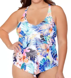 Raisins Curve Haleiwa Trinidad Tropical Floral – White Sharkbite Hem Plus Size Tankini Swim Top