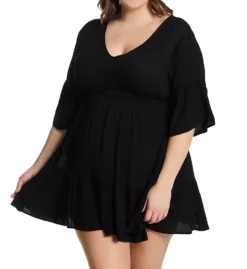 Raisins Curve Black Crinkle Gauze V-Neck Plus Size Tavarua Dress Cover Up