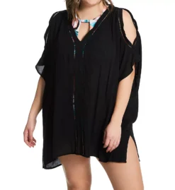 Raisins Curve Tranquilo Plus Size Caftan - Sheer Crinkle Gauze V-Neck Cover Up with Ladder Work