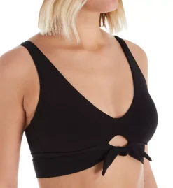Robin Piccone Ava Solid Black Over The Shoulder Bikini Top – V-Neck Keyhole Wireless Swimwear