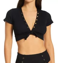 Robin Piccone Amy Ribbed Tie Front Swim Top – Gold Snap Short Sleeve Raglan