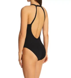 Robin Piccone Amy Black Ribbed One Piece Swimsuit – High Neck Gold Snap Front Design -Her Room US robin piccone rp01 220814 bs