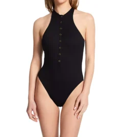 Robin Piccone Amy Black Ribbed One Piece Swimsuit – High Neck Gold Snap Front Design -Her Room US robin piccone rp01 220814 cs1