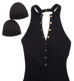 Robin Piccone Amy Black Ribbed One Piece Swimsuit – High Neck Gold Snap Front Design -Her Room US robin piccone rp01 220814 cs6