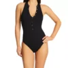 Robin Piccone Amy Black Ribbed One Piece Swimsuit – High Neck Gold Snap Front Design