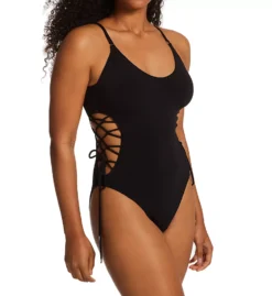 Robin Piccone Aubrey Black Lace-Up Side One Piece Swimsuit – Goldtone Detail Cheeky Fit