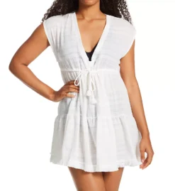 Robin Piccone Natalie Flouncy Jacquard Stripe Tassel Tie Swim Cover Up Dress