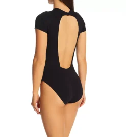 Robin Piccone Ava Solid Black T-Shirt One Piece Swimsuit – Short Sleeve Crew Neck with Cut-Out Back -Her Room US robin piccone rp01 231719 bs