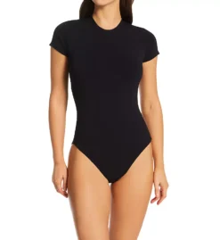 Robin Piccone Ava Solid Black T-Shirt One Piece Swimsuit – Short Sleeve Crew Neck with Cut-Out Back