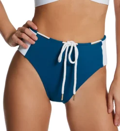 Robin Piccone Emma Navy Blue with White Side Panels – Nautical High Waist Cheeky Swim Bottom -Her Room US robin piccone rp01 232769 fs