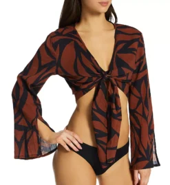 Sanctuary Abstract Animal Print Knot Front – Long Flare Sleeve Crinkle Cotton Cover Up