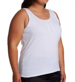 Shadowline Plus Size White Cotton Knit Camisole – Lace Inset Wide Strap Undershirt