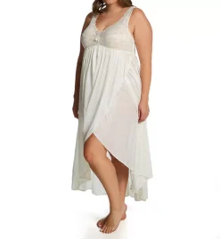 Shadowline Plus Size Silhouette Nylon Tricot Hi-Low Gown – Lace V-Neck Tulip Hem Nightgown -Her Room US shadowline shdw01 35737x fs