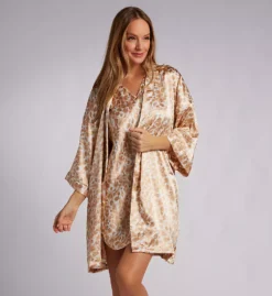 Shadowline Charming Short Satin Wrap Robe – Elegant Kimono Sleeve Lounge Robe with Pockets