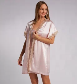 Shadowline 4511 Charming Ivory Satin Robe – Lace Trim Kimono Sleeve Open Front Sleepwear