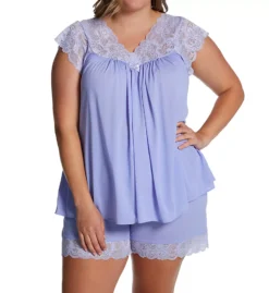 Shadowline Plus Size Twilight Nylon Tricot Short PJ Set - Lace V-Neck Scalloped Sleepwear