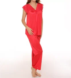 Shadowline Silhouette Sheer Satintrique Nylon Tricot 2-Piece Pajama Set with Floral Lace