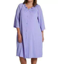 Shadowline Plus Size Petals Embroidered Yoke Robe – Ivory Button Front Opacitrique Nylon Sleepwear Coat