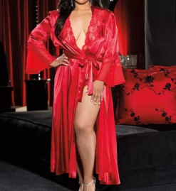 Shirley of Hollywood Plus Size Chiffon & Satin Charmeuse Long Robe – Elegant Lace Detail Lounge Wear