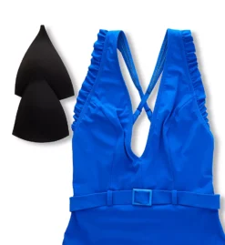 Skinny Dippers Jelly Beans Multicolor Ruffle Belted One Piece Swimsuit - Tummy Control Plunge Neck -Her Room US skinny dippers skdp01 6529170 cs6