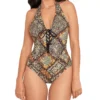 Mazie Sirena Leopard Print Lace-Up Halter - Plunge V-Neck Cheeky One Piece Swimsuit -Her Room US skinny dippers skdp01 6540304 gs