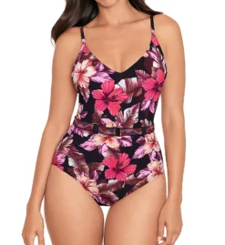 Skinny Dippers Mowie Lucky Charm Floral V-Neck One Piece Swimsuit with Chevron Belt