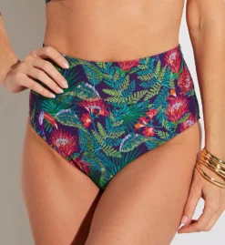 Sunsets Welcome To Rio Hannah Foldover High Waist Swim Bottom – Teal Tropical Print