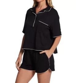 Tommy John Navy Downtime Short Sleeve Pajama Short Set with Contrast Piping -Her Room US tommy john tj01 1003733 fs